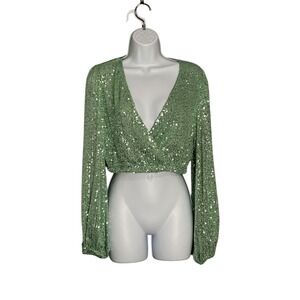 Audrey 3+1 Sequin Wrap Crop Top Green Long Sleeve V Neck Size M